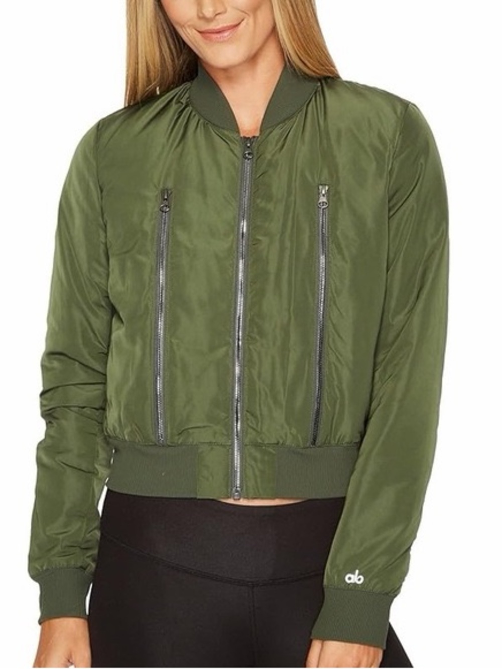 ALO Yoga Olive Bomber Jacket with Zip Details
